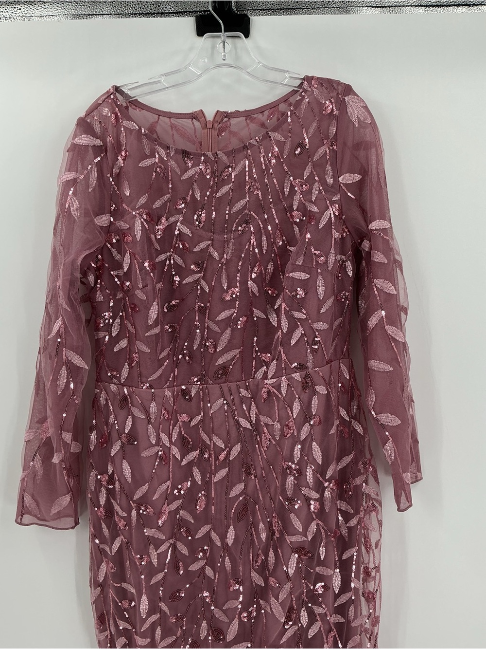 Sequin Leaf Embroidered Mermaid Gown Mauve 3/4 Sleeve Formal Dress S - Picture 7 of 13